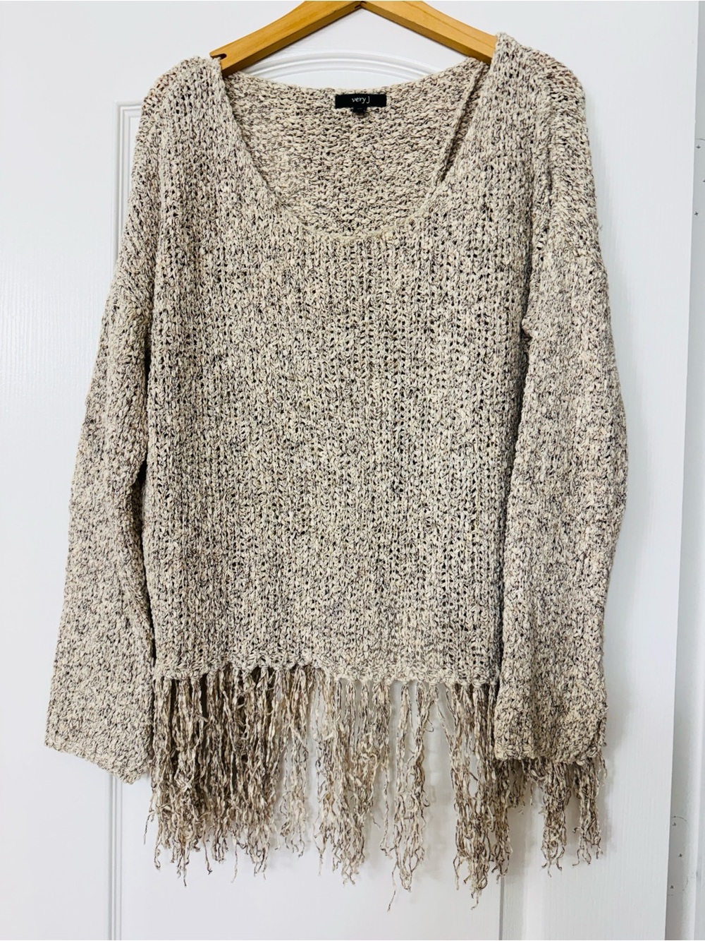 Very J M • Fringe Sweater Oatmeal Open Knit Surplice Boho Oversized Pullover